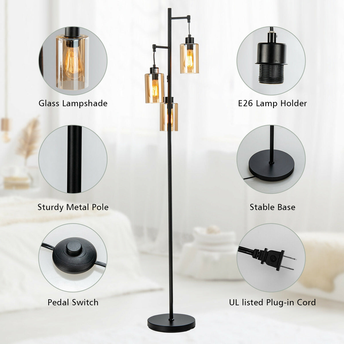 Retro Floor Lamp with 3-Head Hanging Amber Glass Shade - Stable Iron Base, Foot Switch