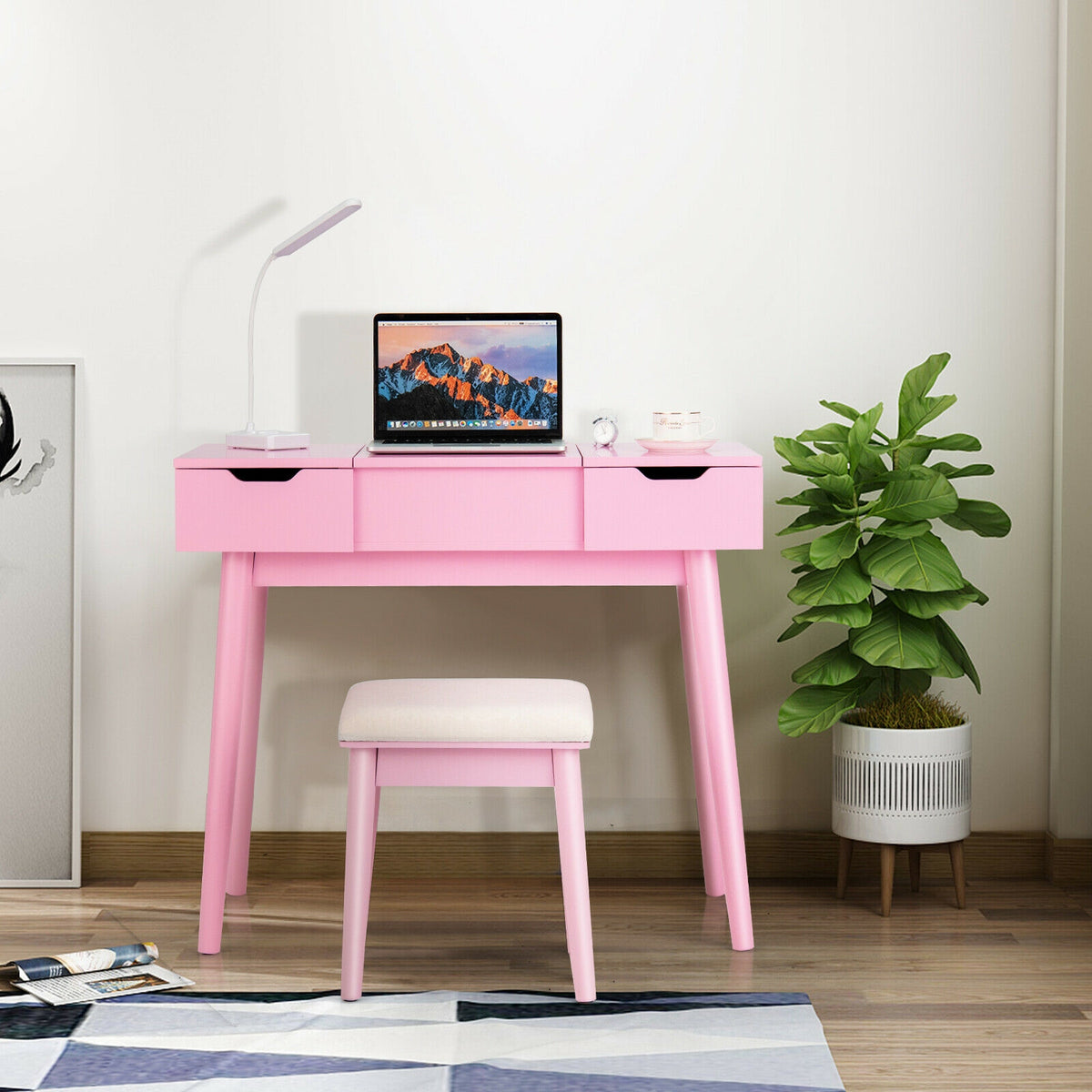 Makeup Vanity Table with Flip Top Mirror and 2 Drawers, Pink