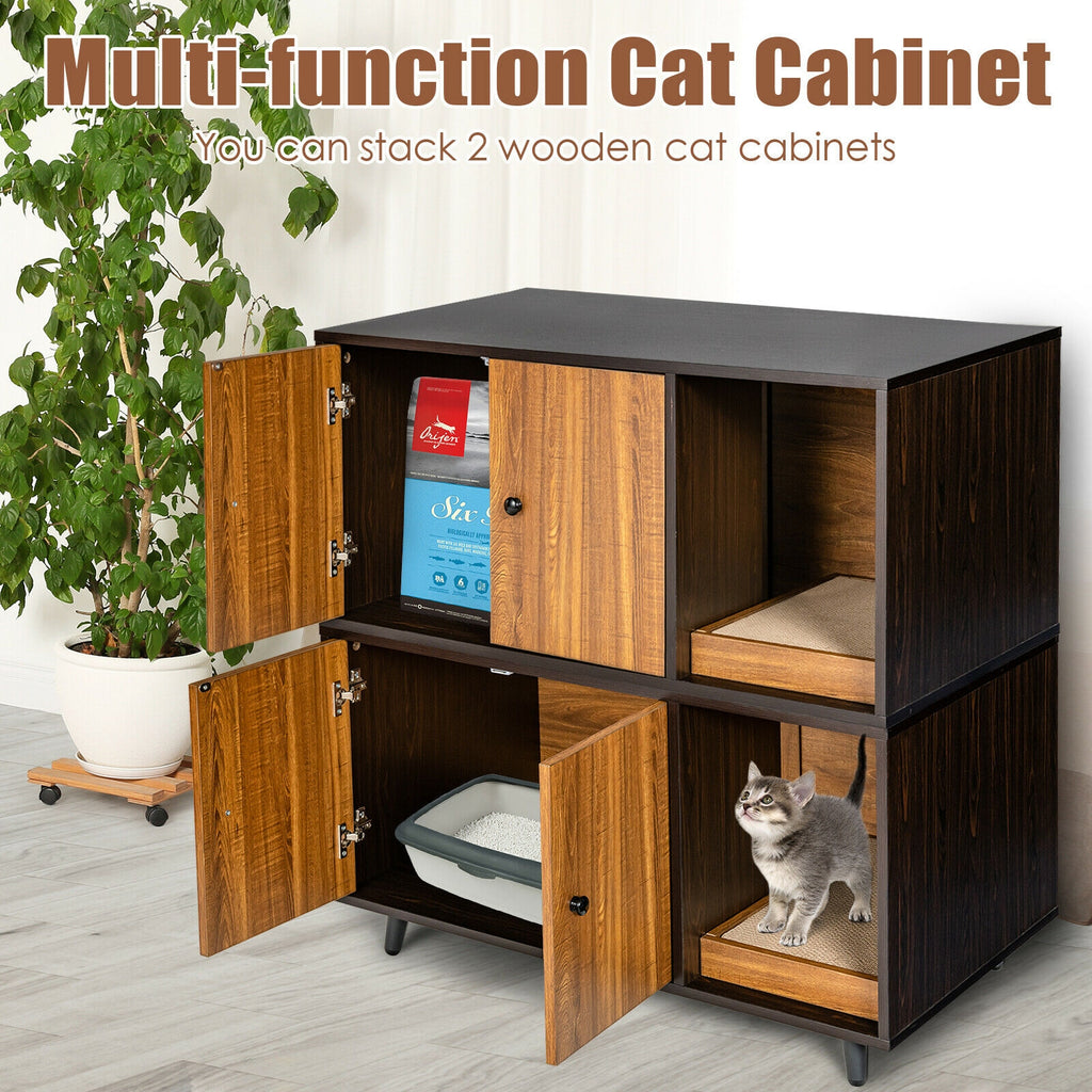 Cat Litter Box Enclosure with Divider and Double Doors - Brown, Costway