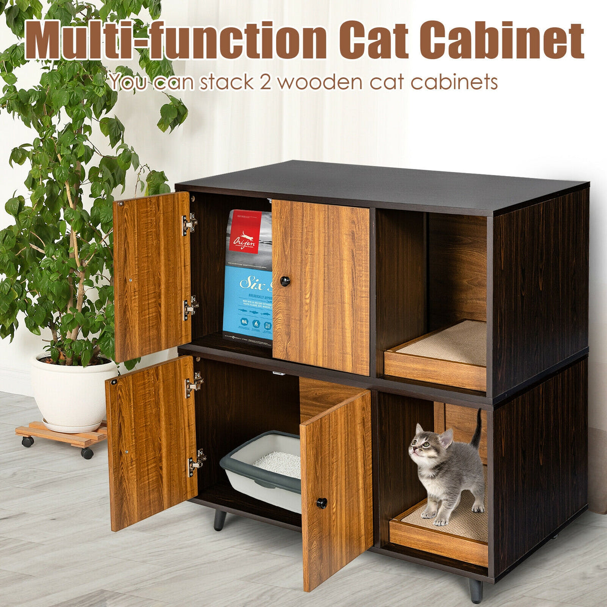 Cat Litter Box Enclosure with Divider and Double Doors - Brown, Costway