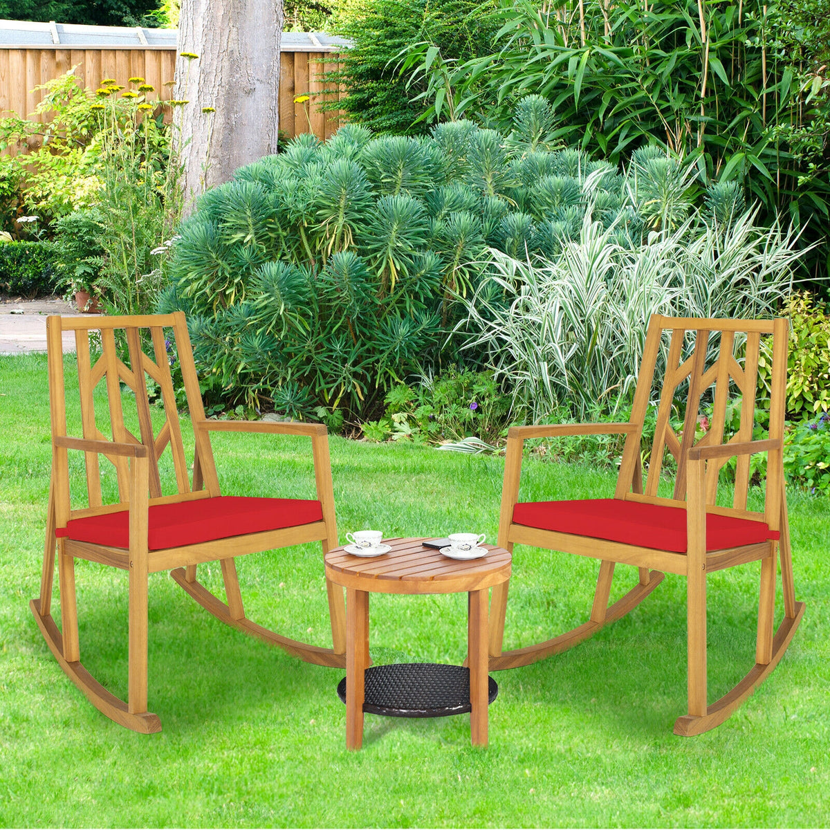 Patio Acacia Wood Rocking Chair Sofa with Armrest and Cushion for