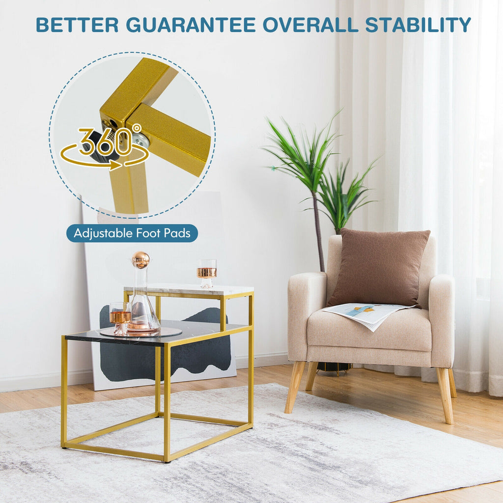 2-Tier Side Table with Marble Finish & Metal Frame – White