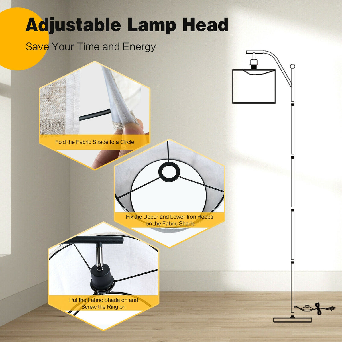 Standing Floor Lamp with Adjustable Head for Living Room & Bedroom - Modern Black & Beige