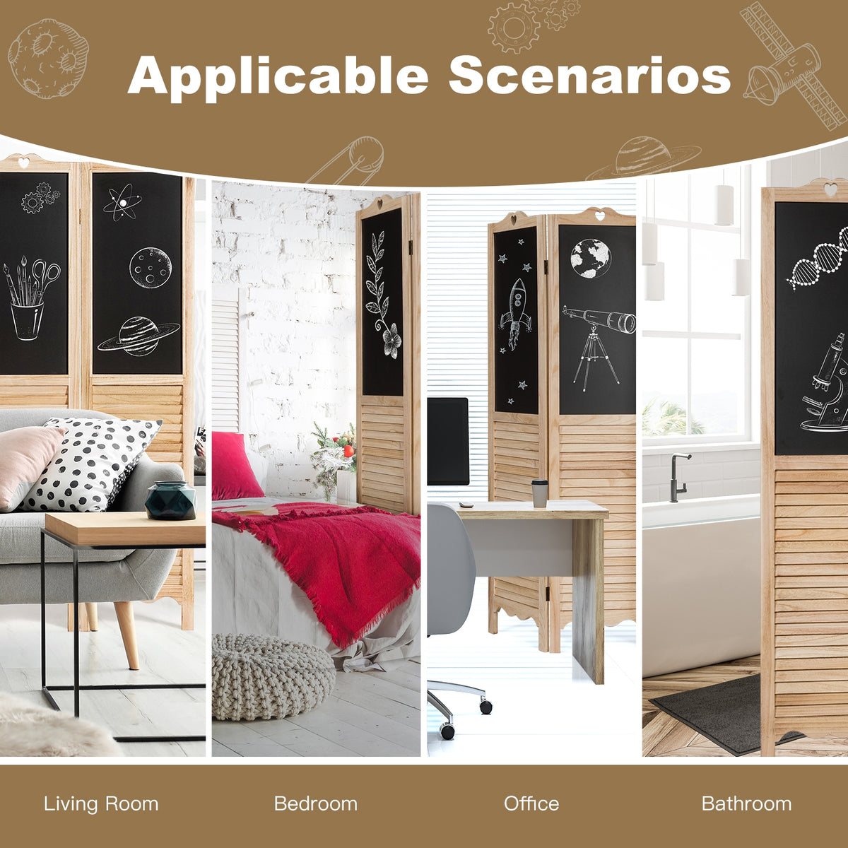 Foldable 4-Panel Room Divider with Chalkboards - Rustic Wood Partition Screen