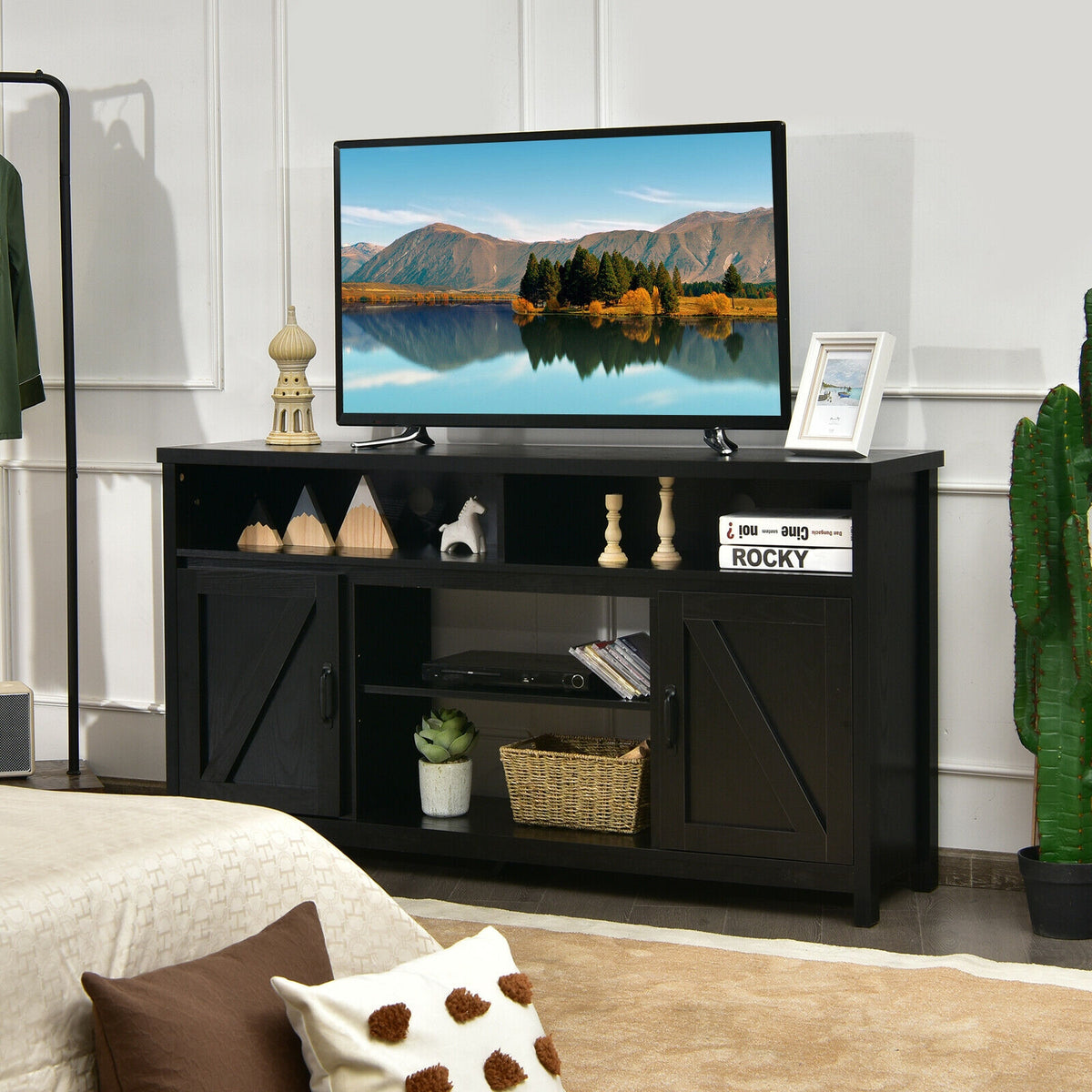 59 Inch TV Stand with Barn Door & Fireplace - For 65" TV, Natural