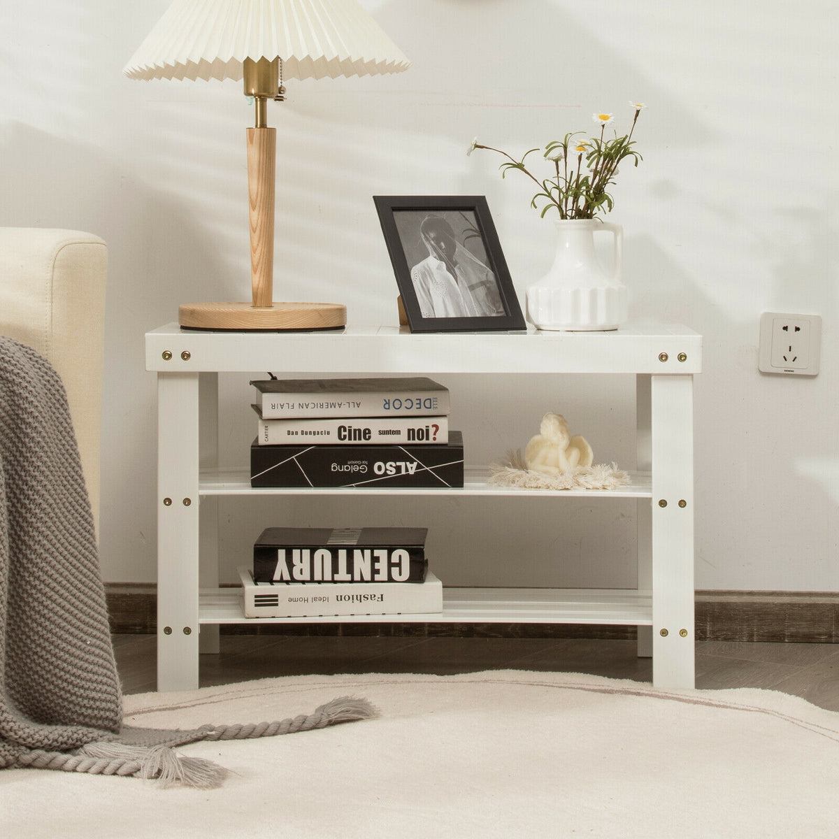 3-Tier Bamboo Shoe Rack Bench, White