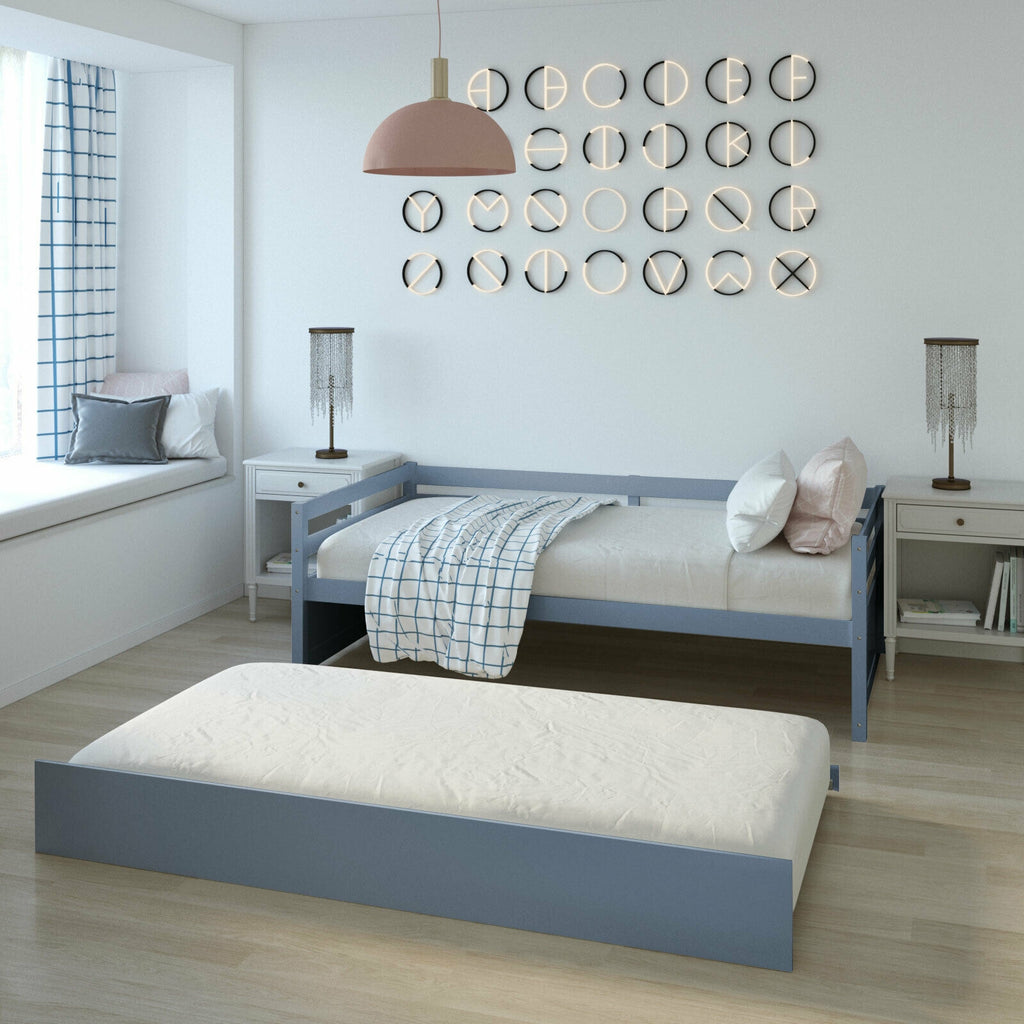 Twin Trundle Bed Frame with Wooden Slat Support - Gray