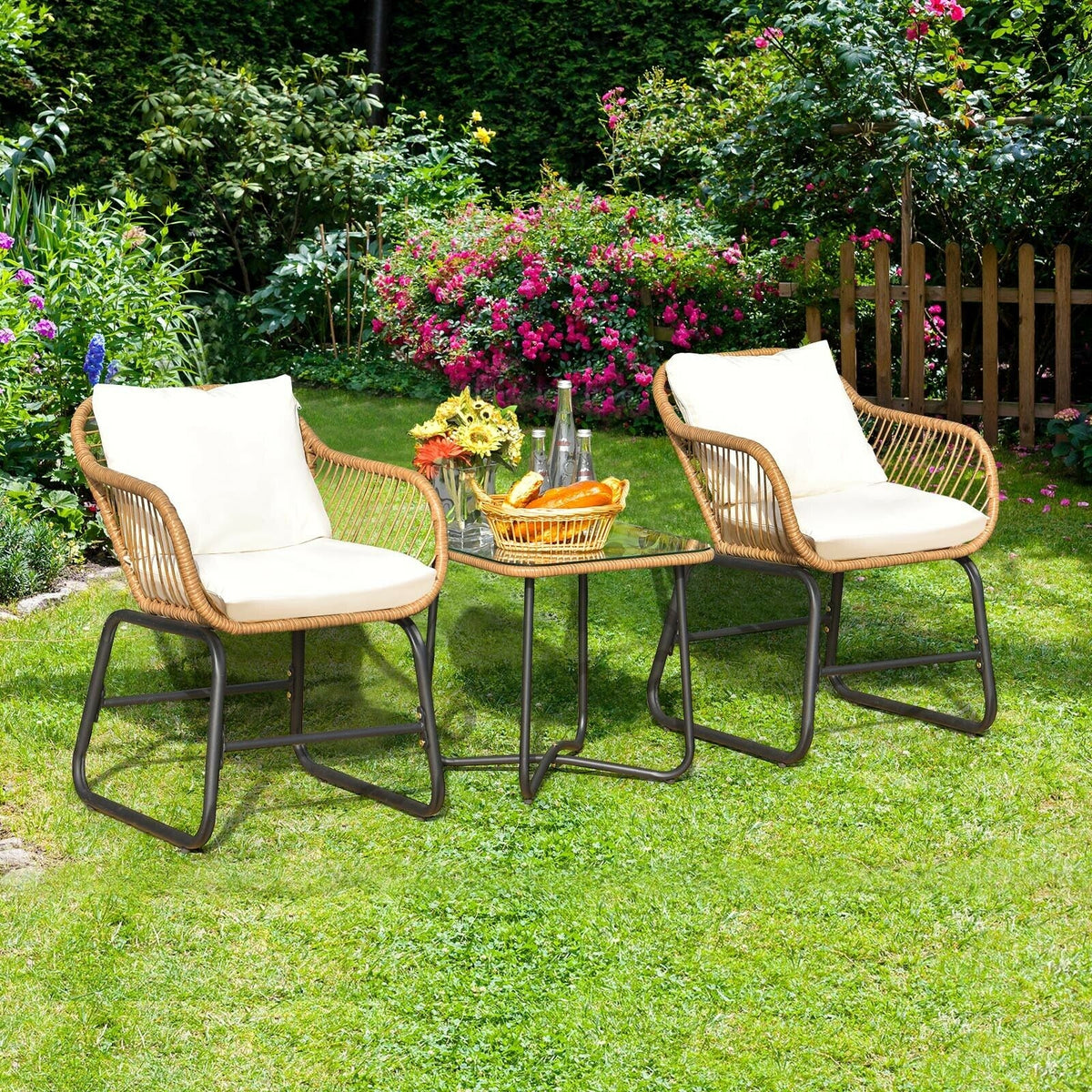 3-Piece Patio Bistro Set with 2 Rattan Chairs and Square Glass Coffee