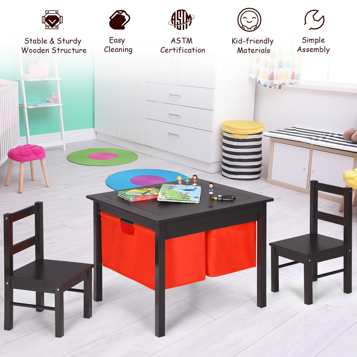 Kids Activity Table and 2 Chairs Set with Storage - Dark Brown