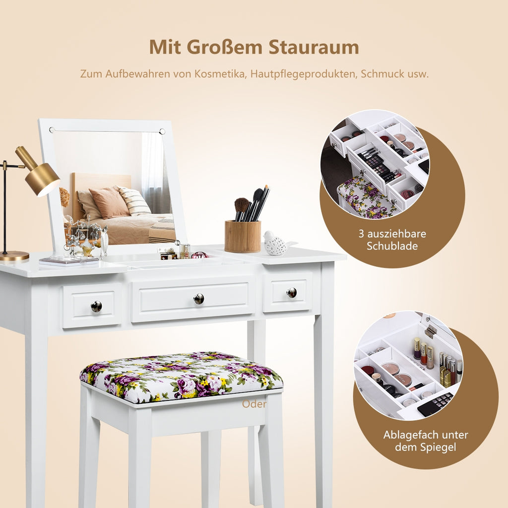 Vanity Dressing Table with Flip Top Mirror and 3 Drawers