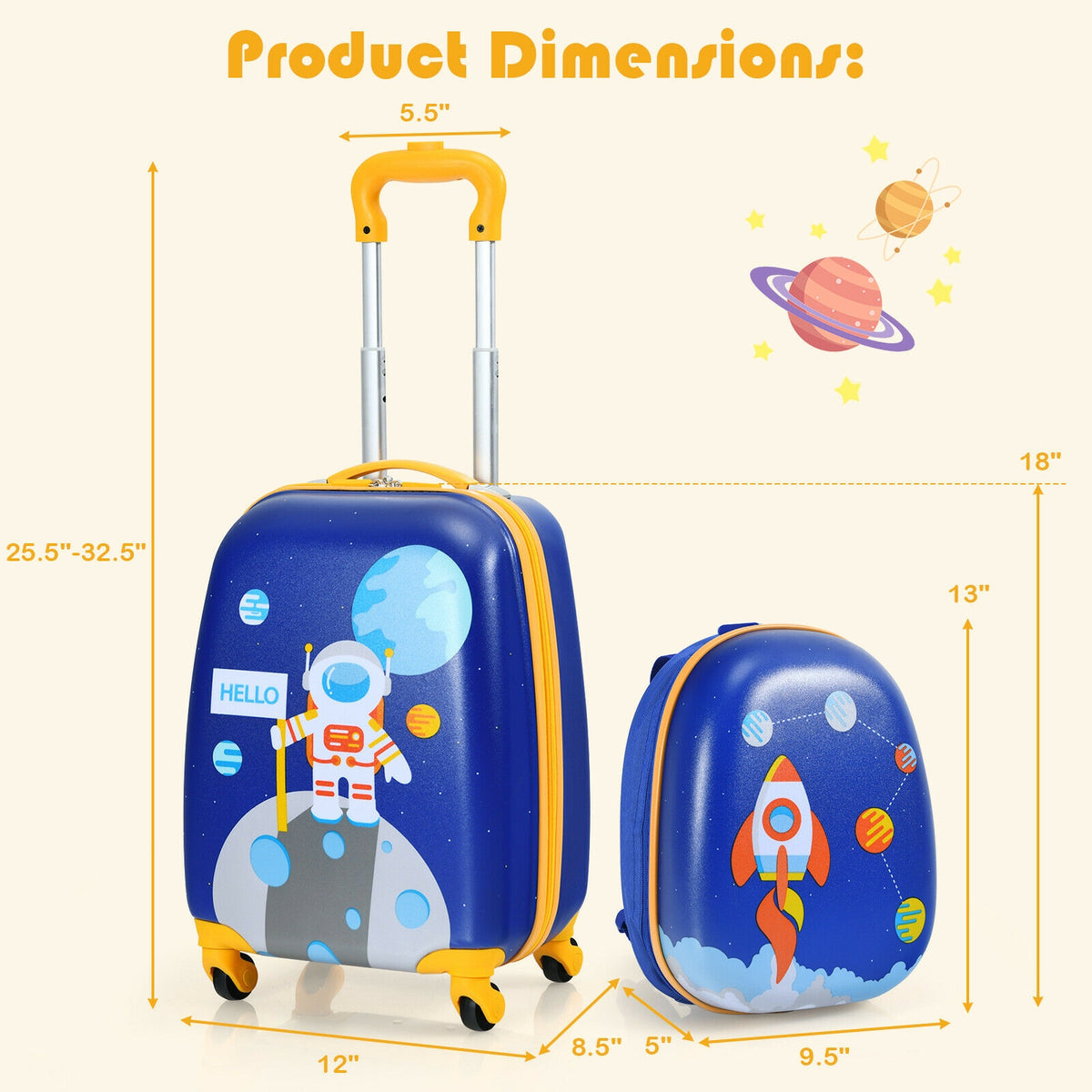 Kids Luggage Set with Backpack and Suitcase - Astronaut Pattern, 12 & 16 Inch, Travel Ready