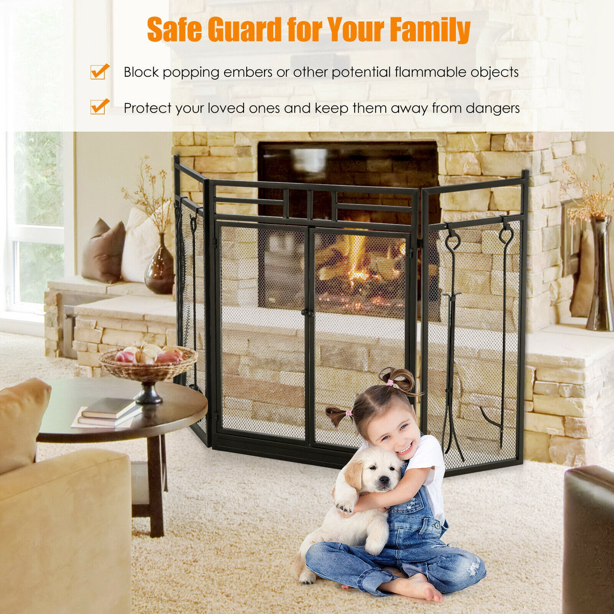 3-Panel Fireplace Screen with Tools Set - Black