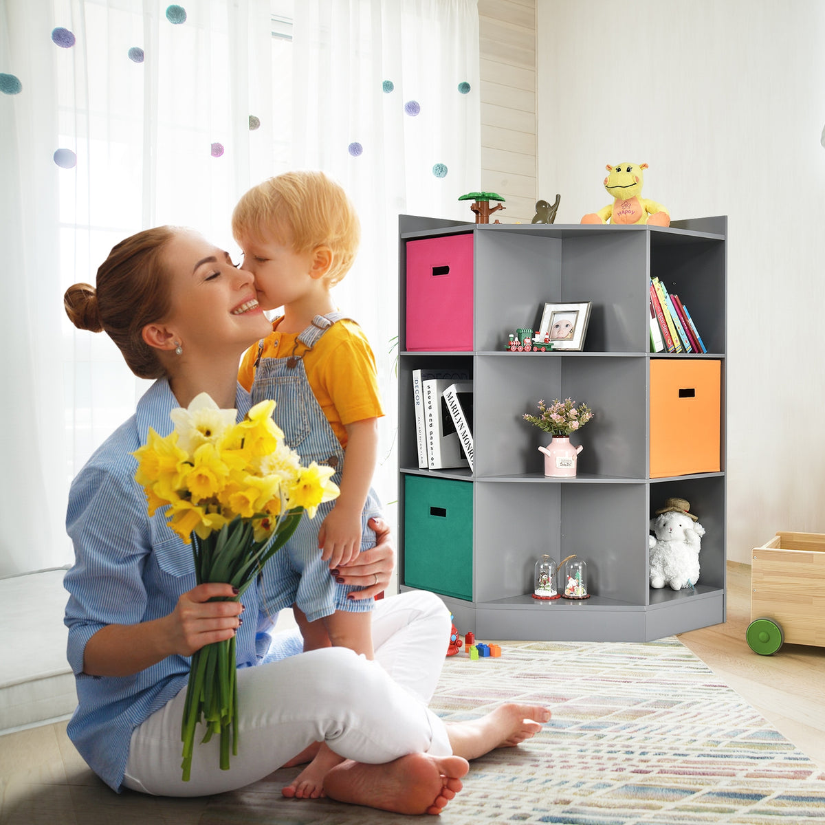 Kids Corner Storage Shelf with 3 Baskets - Gray, 3-Tier Children's Organizer