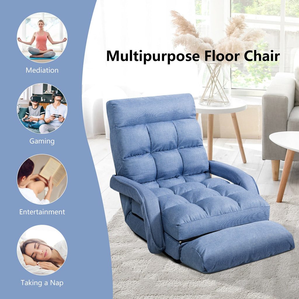 Folding Floor Chair with Armrests and Pillow - Blue