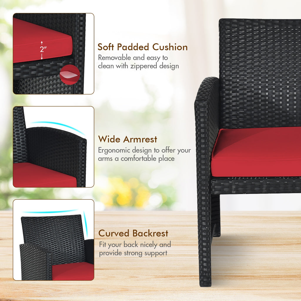 4-Piece Rattan Patio Furniture Set with Cushions - Black Rattan, Red
