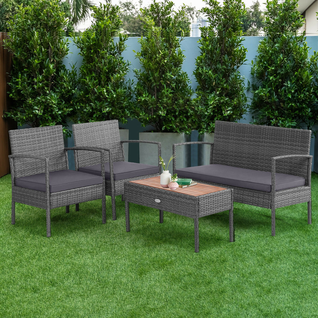 4-Piece Rattan Patio Conversation Set with Acacia Wood Table