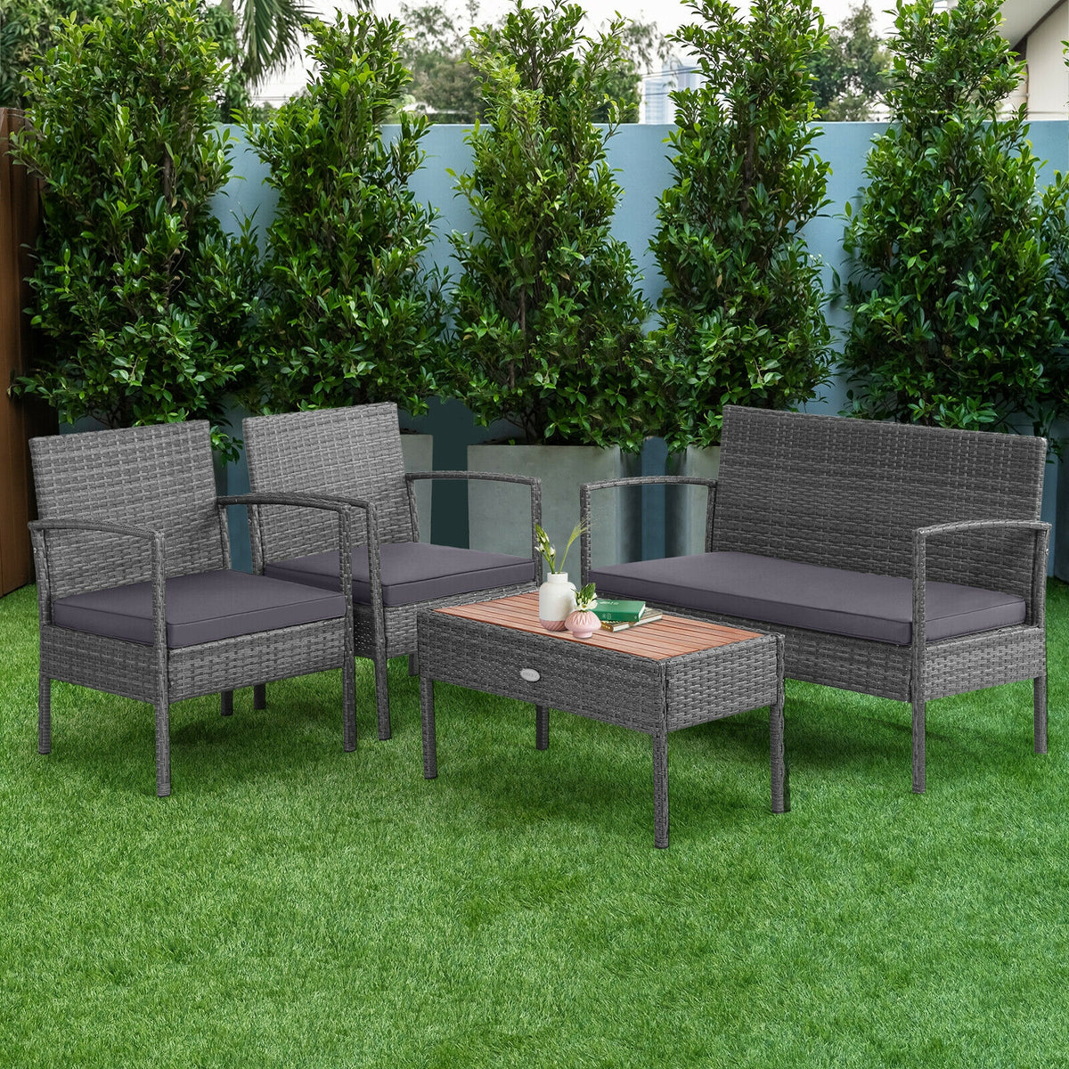 4-Piece Rattan Patio Conversation Set with Acacia Wood Table
