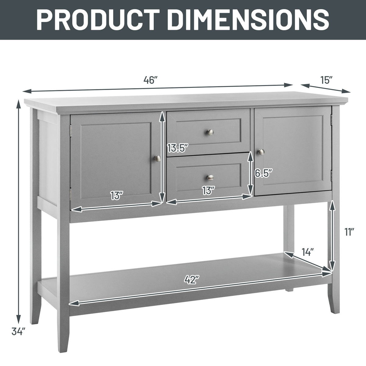 Wooden Sideboard Buffet Console Table with Drawers, Gray