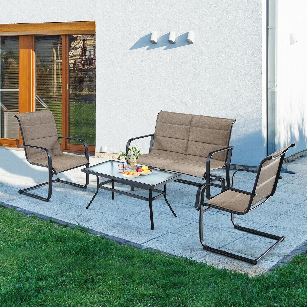4 Pieces Outdoor Patio Furniture Set with Padded Glider Loveseat and