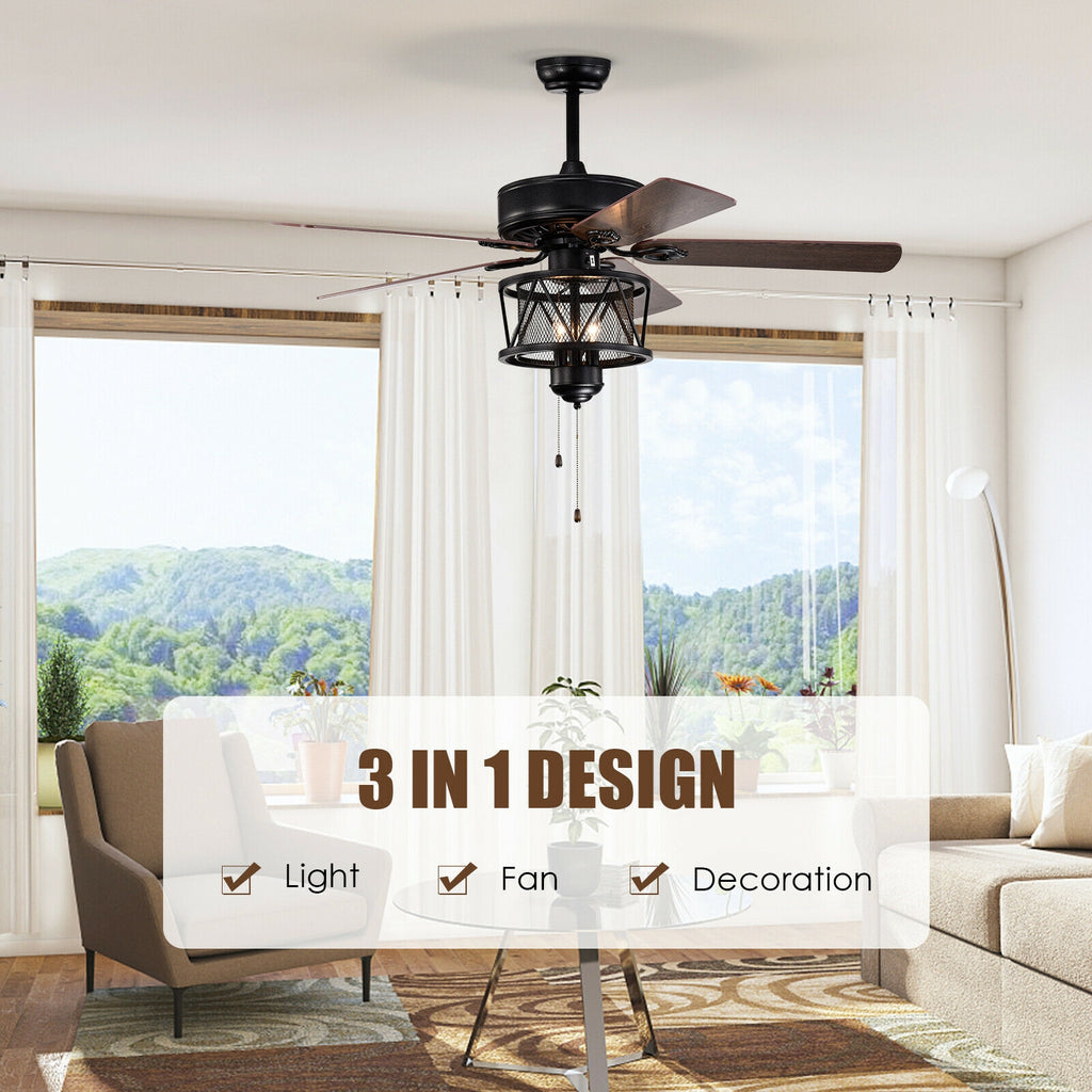 Black 50-Inch Ceiling Fan with Lights Reversible Blades & Pull Chain