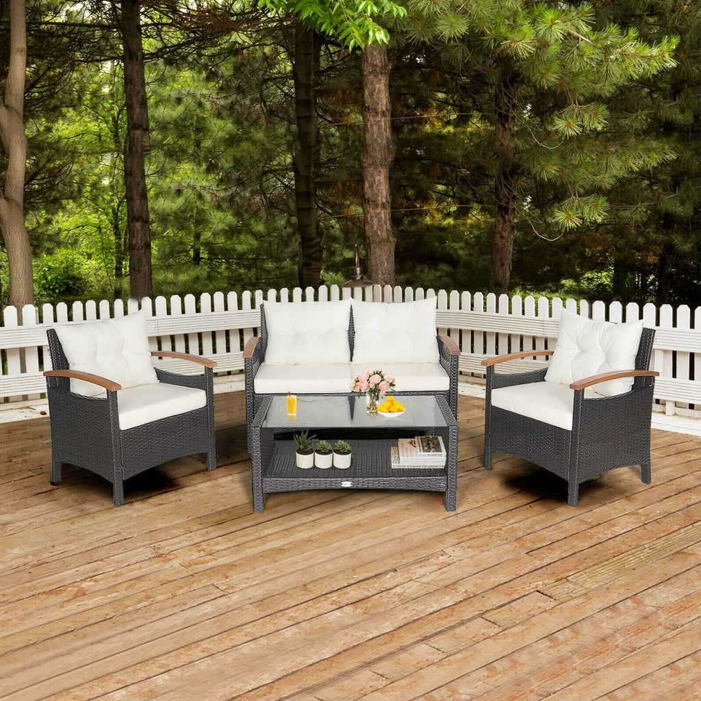 4 Pieces Patio Rattan Furniture Set with Cushioned Sofa and Storage