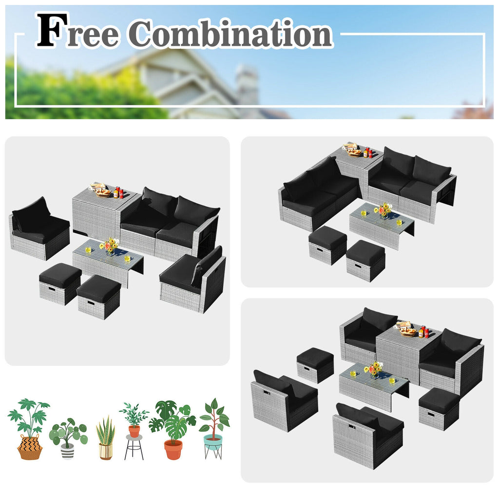 8 Pieces Patio Rattan Furniture Set with Storage Waterproof Cover and