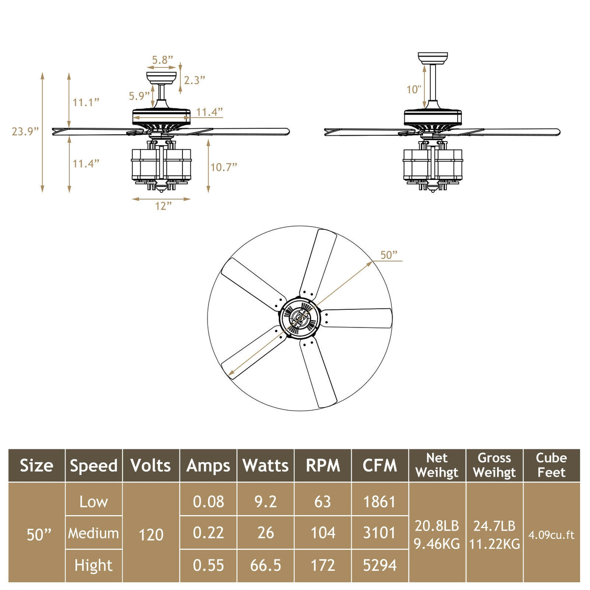 50 Inch Noiseless Ceiling Fan Light with Explosion-Proof Glass Shades - Black Variation