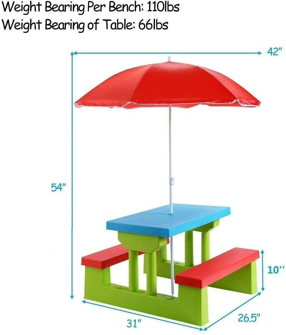 Kids Picnic Folding Table and Bench Set with Green Umbrella - Safe & Sturdy Outdoor Play Furniture