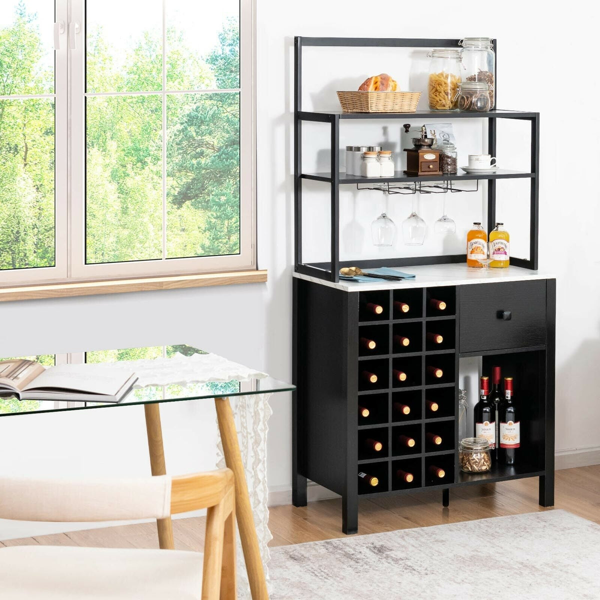 Kitchen Baker's Rack with Wine Glass Holder - Black