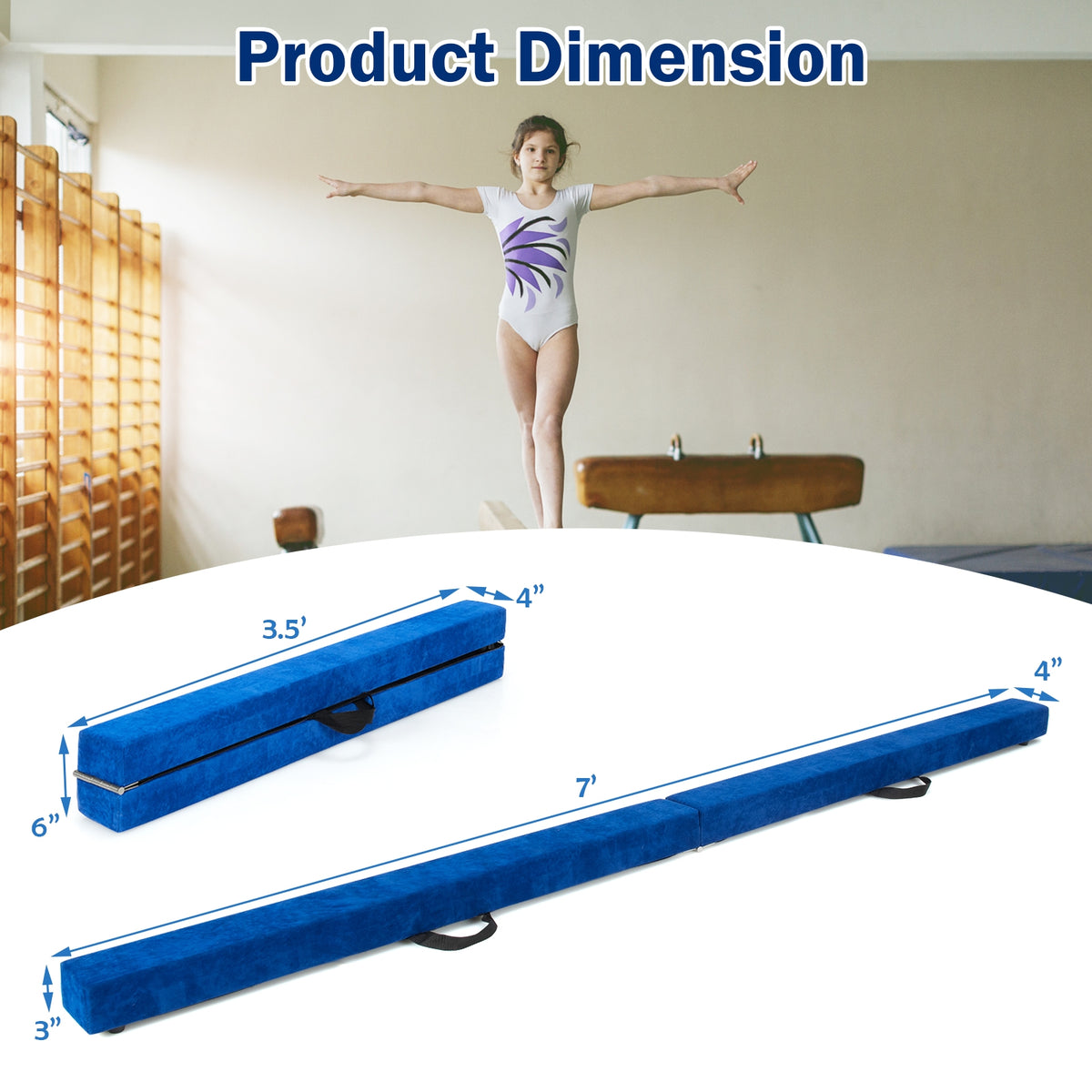 Portable Floor Balance Beam with Handles - 7 Feet Folding Gymnastics Beam Blue