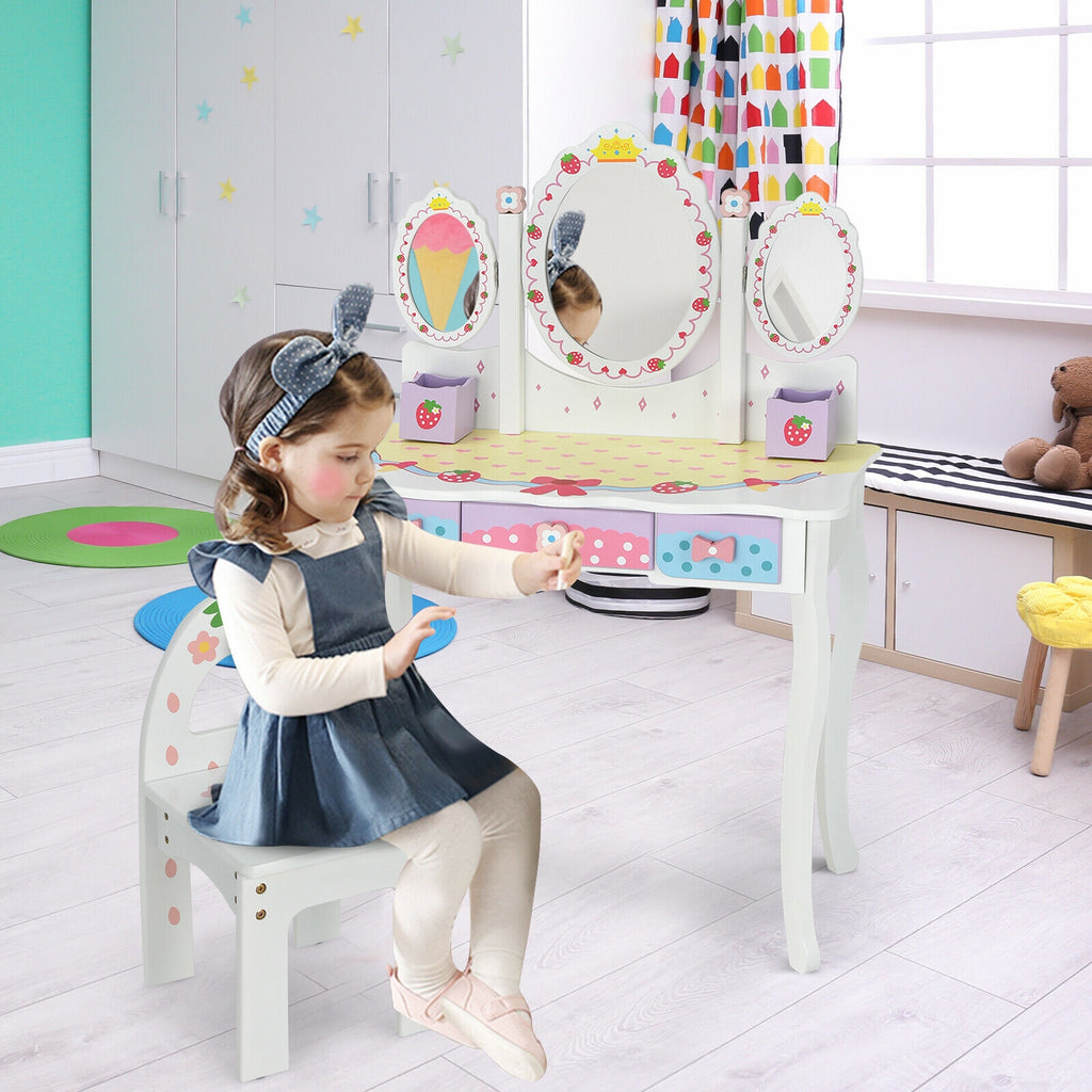 Kids Vanity Set with Tri-Fold Mirror and Chair - White, Detachable Top
