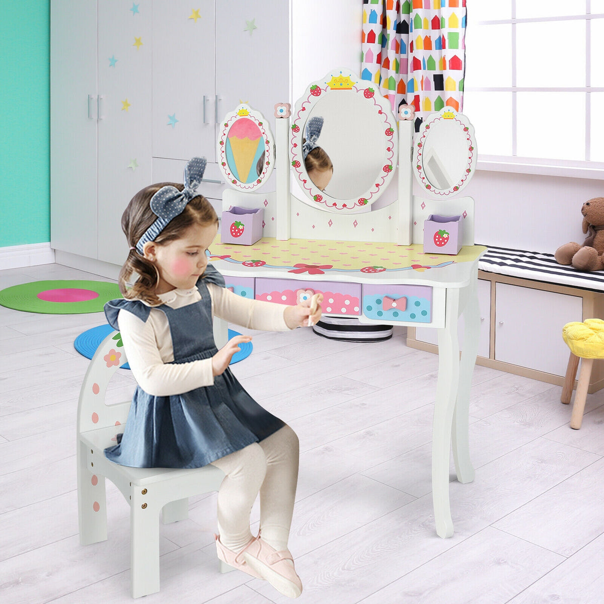 Kids Vanity Set with Tri-Fold Mirror and Chair - White, Detachable Top