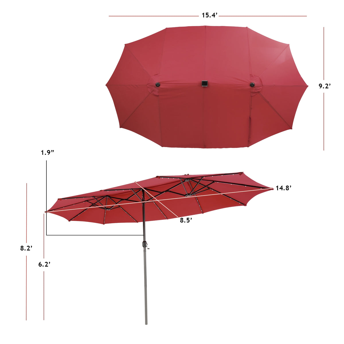 15 Feet Twin Patio Umbrella with 48 Solar LED Lights - Dark Red