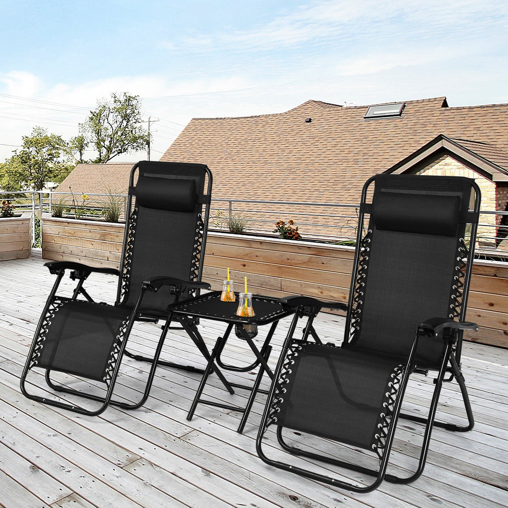 3 Pieces Folding Portable Zero Gravity Reclining Lounge Chairs Table