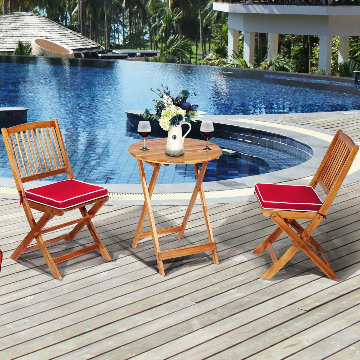 3 Pieces Patio Folding Bistro Set with Padded Cushion and Round