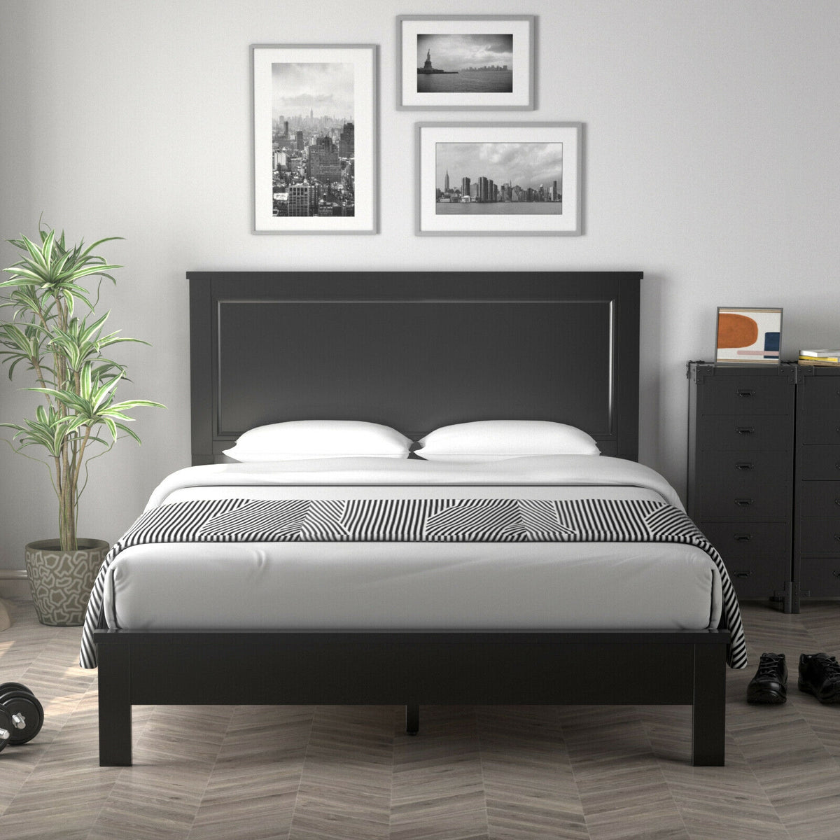 Full Size Platform Bed Frame with High Headboard - Black