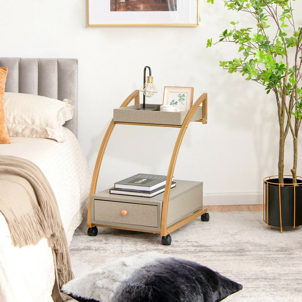 2-Tier Rolling End Table with Drawer - Gray