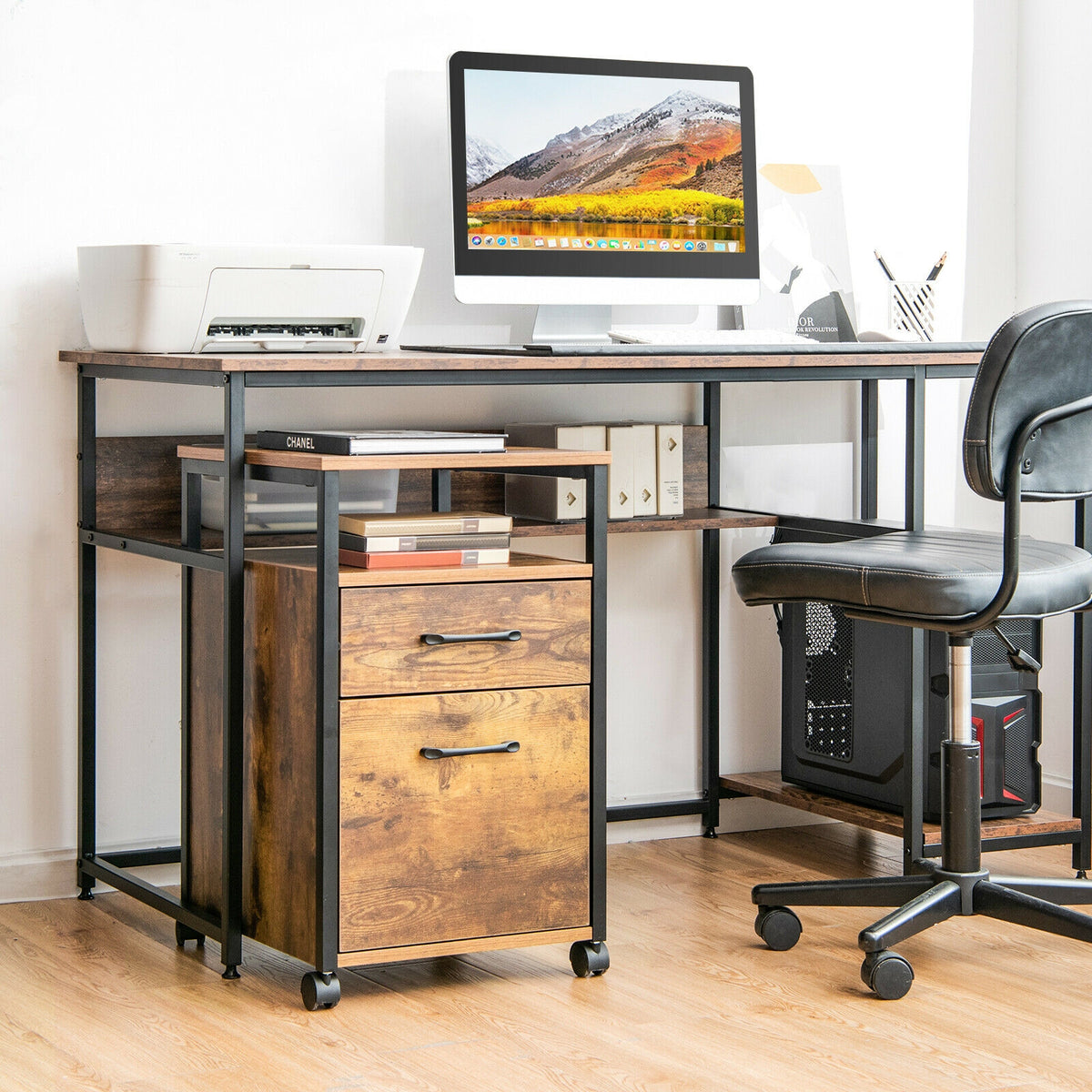 2-Drawer Mobile File Cabinet with Printer Stand – Rustic Brown