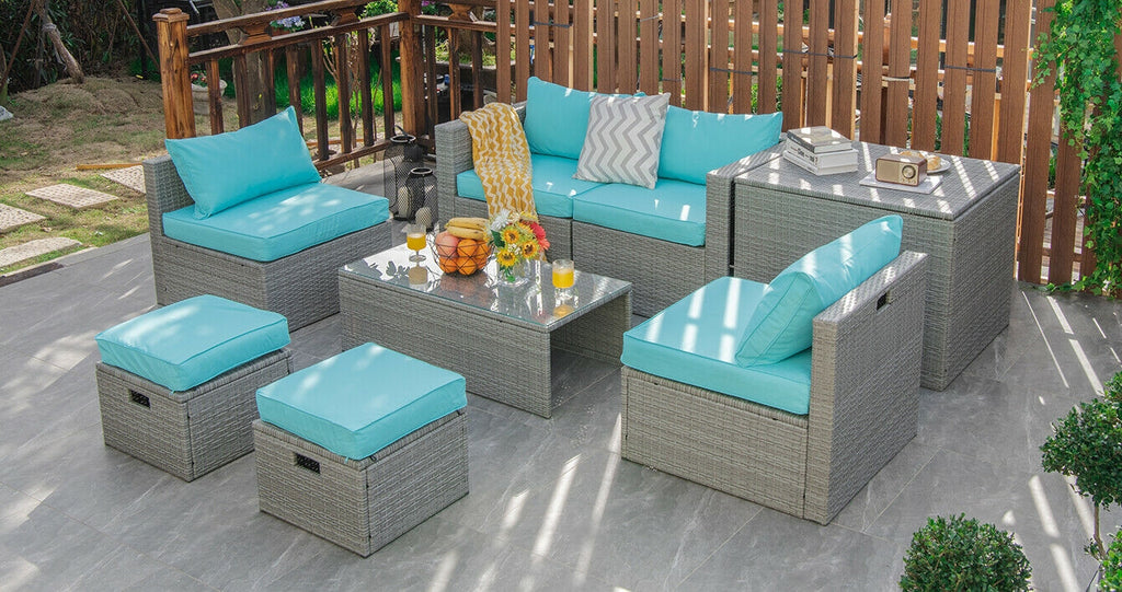 8-Piece Patio Rattan Furniture Set with Storage & Cushions - Gray Turquoise