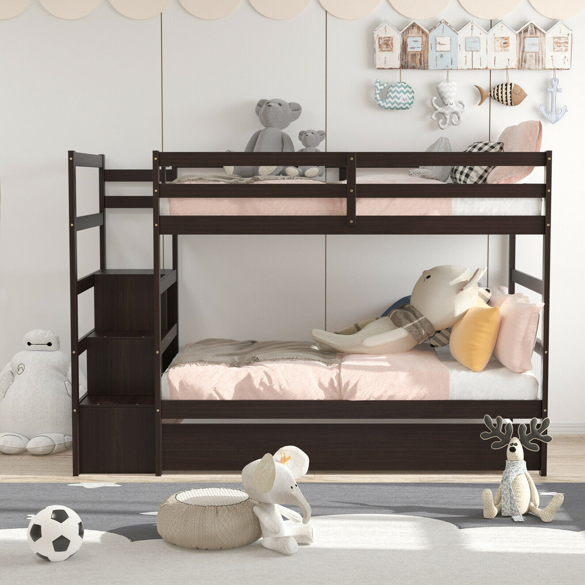 Twin Over Twin Bunk Bed with Storage & Staircase - Dark Brown