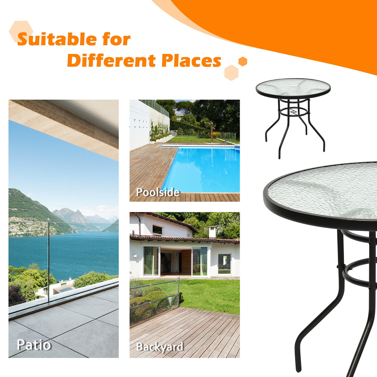 32-Inch Round Patio Tempered Glass Table with Umbrella Hole