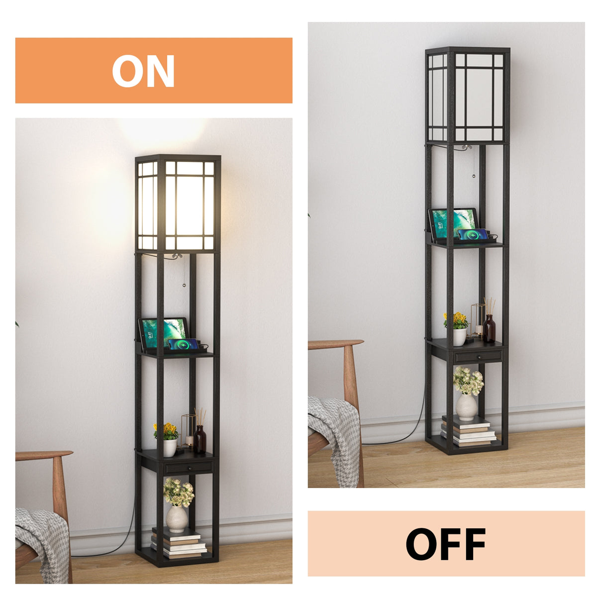 Modern Floor Lamp with Shelves Drawer USB Charging Outlet White Lampshade