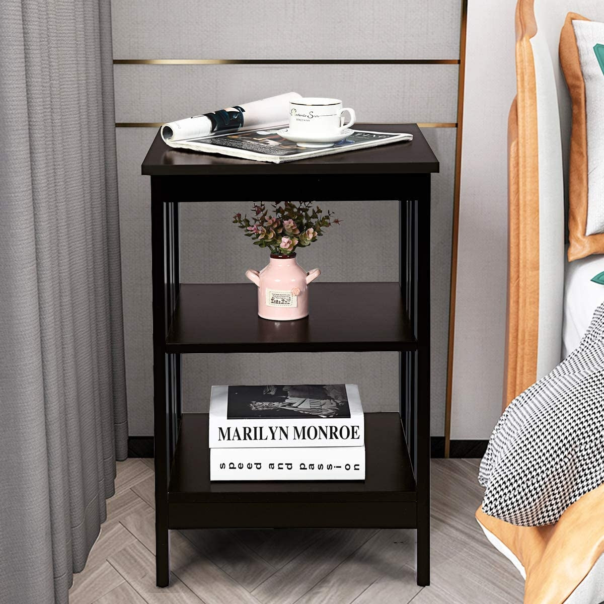 3-Tier Nightstand Set of 2, Dark Brown - Style B