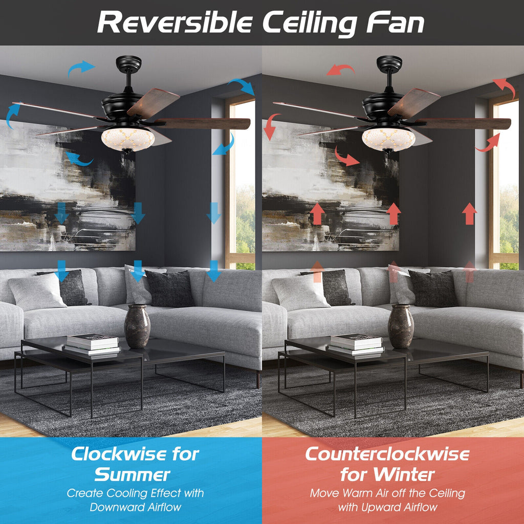 52 Inch Ceiling Fan with 3 Speed Reversible Blades - Black, Remote Control