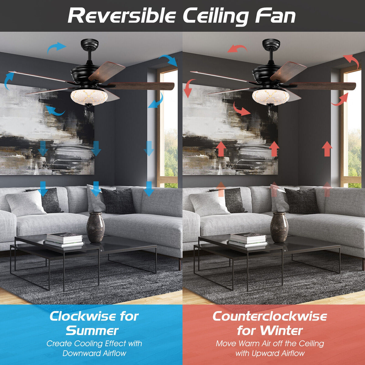 52 Inch Ceiling Fan with 3 Speed Reversible Blades - Black, Remote Control