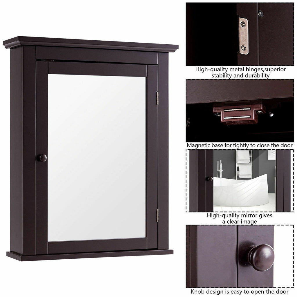 Wall Mount Bathroom Cabinet with Mirror Single Door Brown