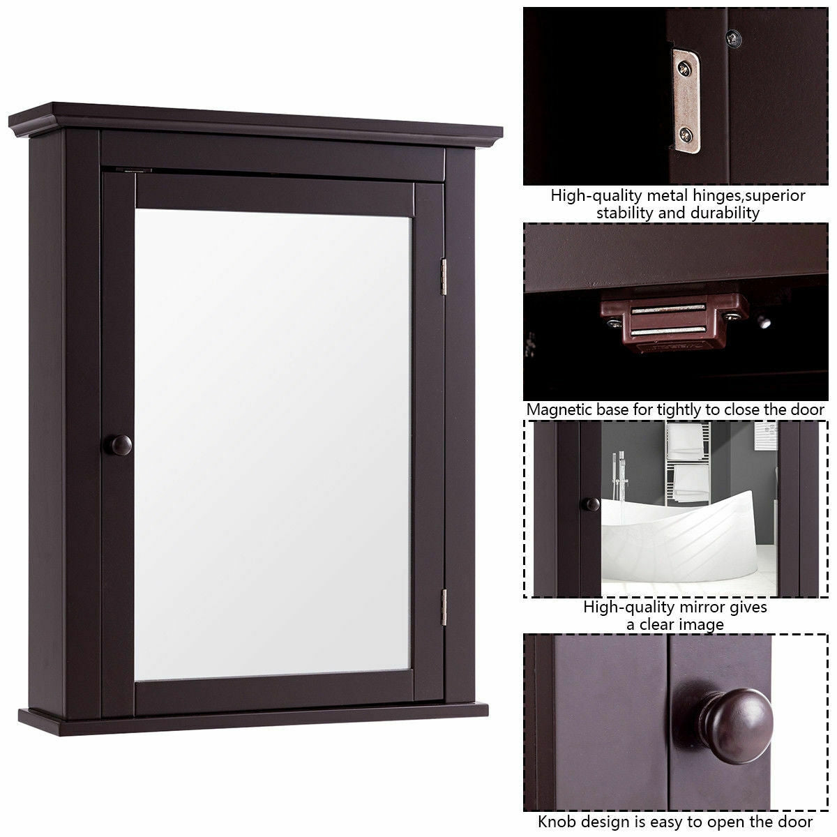 Wall Mount Bathroom Cabinet with Mirror Single Door Brown