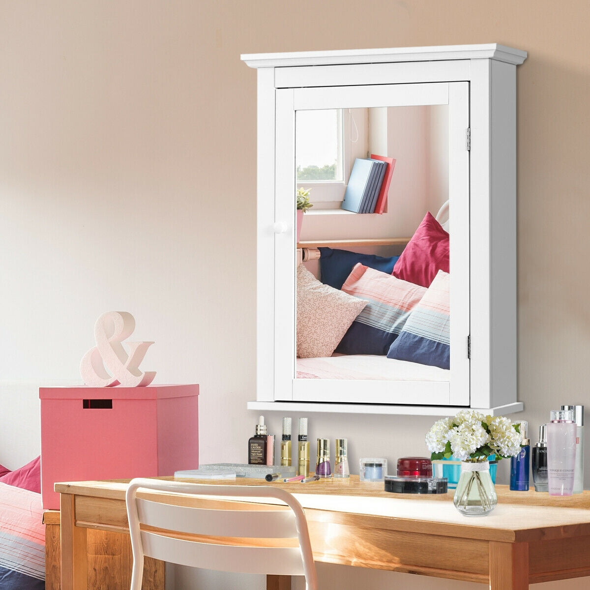 Mirrored Bathroom Cabinet with Adjustable Shelf - White