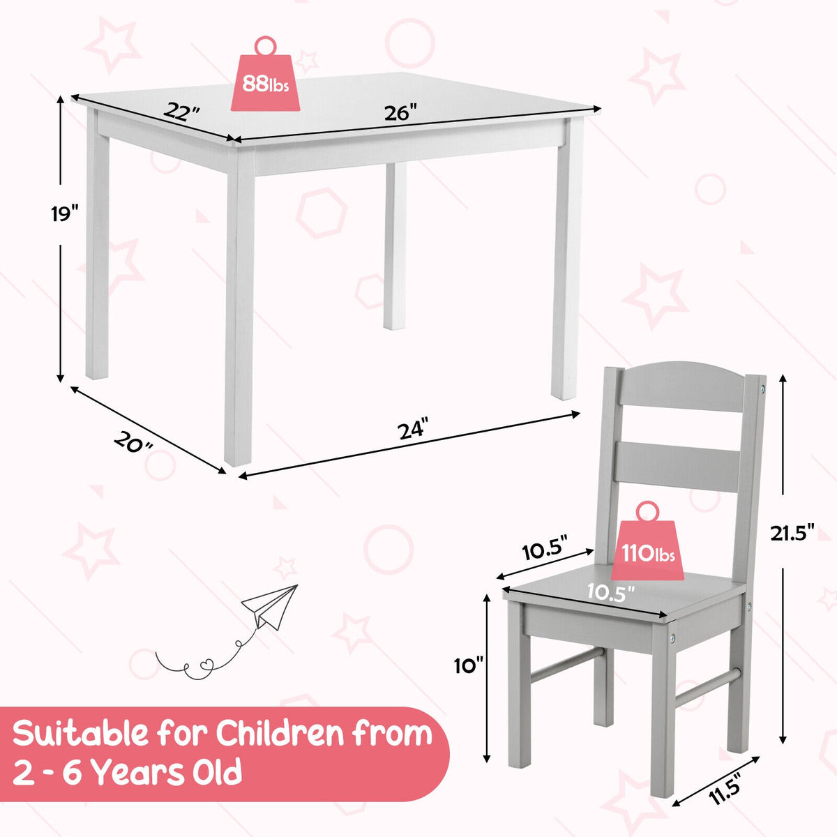 Kids Wooden 5-Piece Table and Chair Set - Rectangular White Playroom Furniture