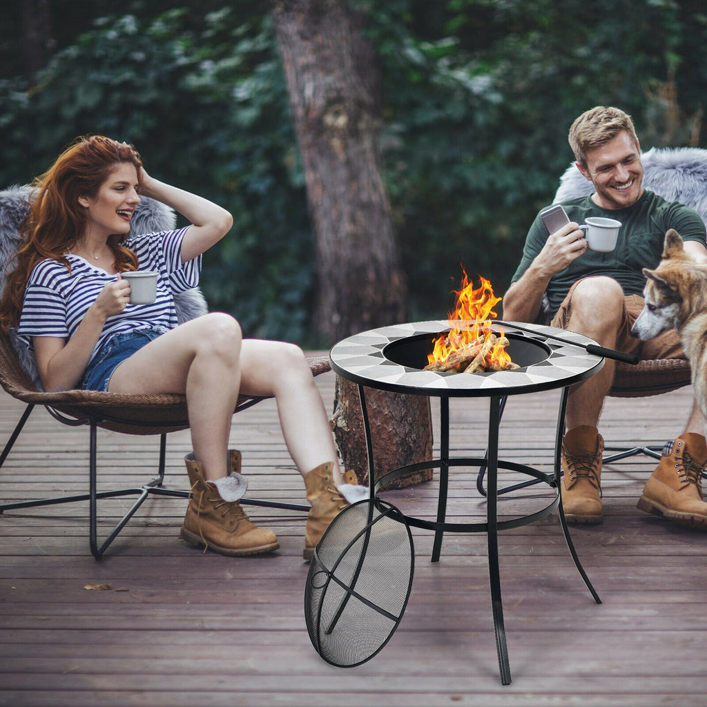 23.5 Inches Round Fire Pit Table with Mesh Cover and Poker